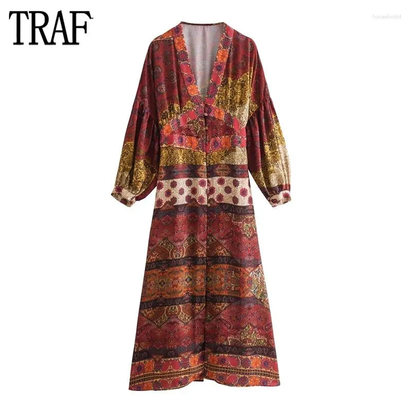 Casual Dresses Traf Print Boho Långt för kvinnor veckade Midi Dress Woman Patchwork Office Women's Puff Sleeve Button Kvinna