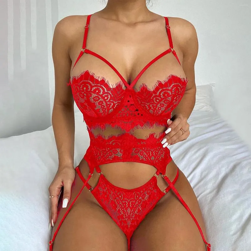 Soutien-gorge Ensembles Soutien-gorge érotique Strings Jarretières Ensemble Plus Taille Femmes Lingerie Sous-vêtements sexy Costumes de sexe porno Babydoll en dentelle transparente 4XL