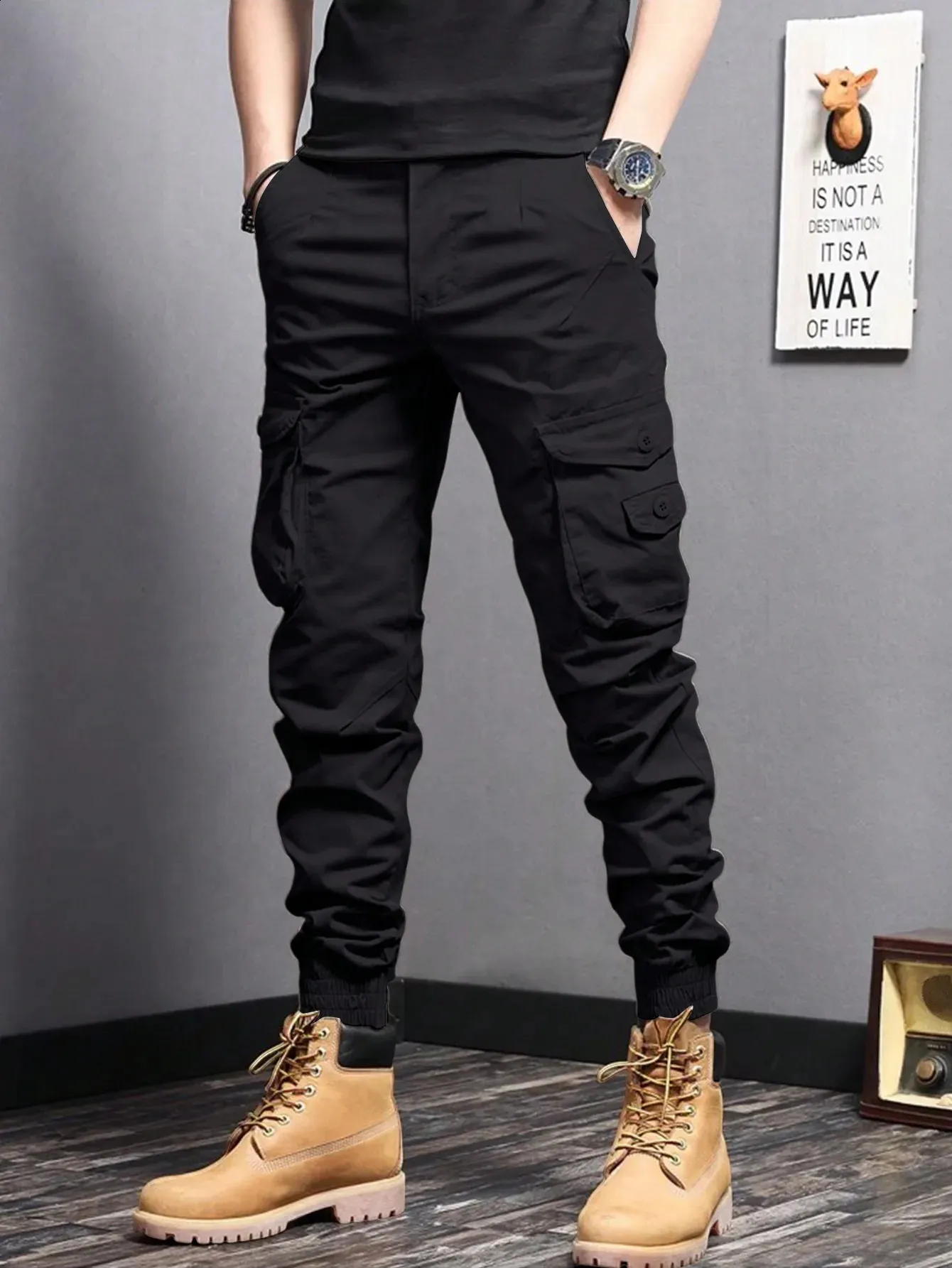 Casual Side Flap Pockets Workwear Tapered Pants Mens Cargo Pants For Spring Fall Outdoor 240126