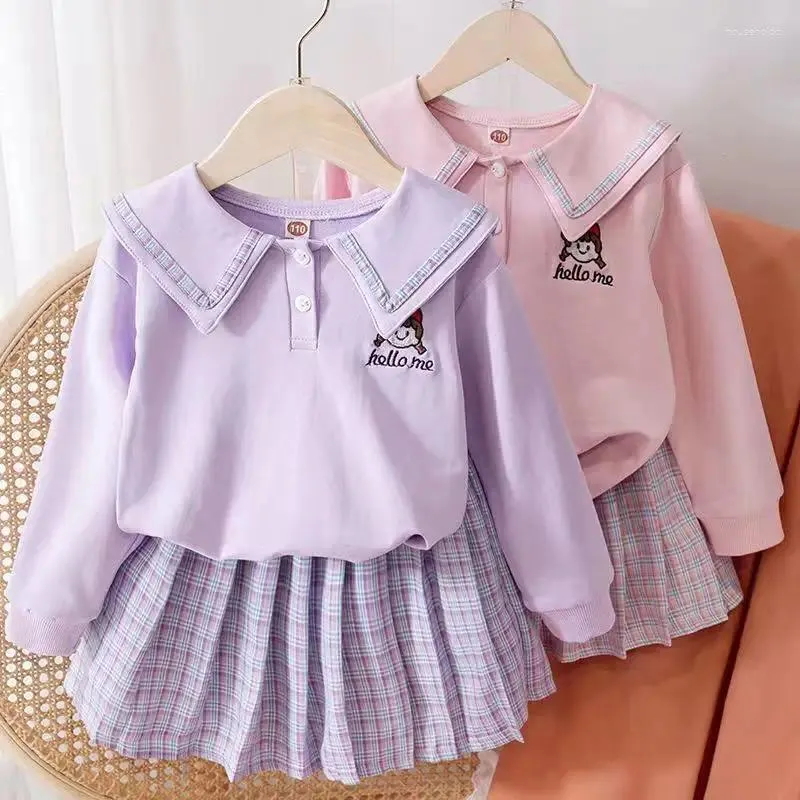 Conjuntos de roupas Meninas JK Uniforme Primavera e Outono Roupas Ternos Crianças Doce Polo Manga Longa Topcheckered Saia Plissada 2 Pcs Outfits