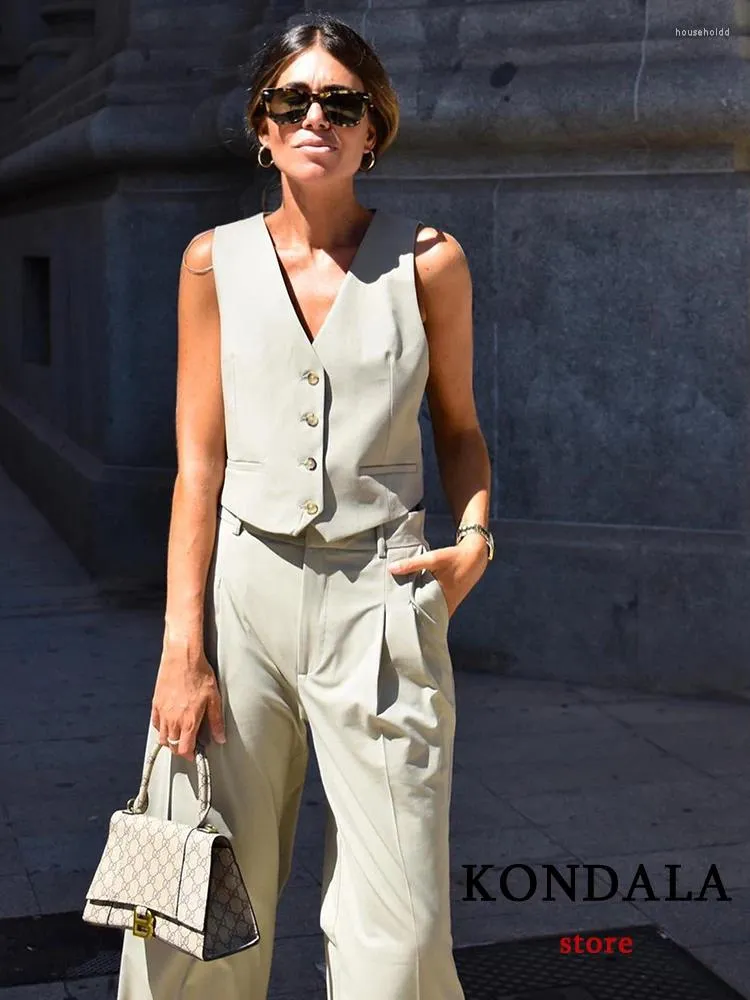 Women's Two Piece Pants KONDALA Casual Apricot Solid Button Zipper Pocket Chic Women Suit Sleeveless V Neck Waistcoat Straight Fashion 2024