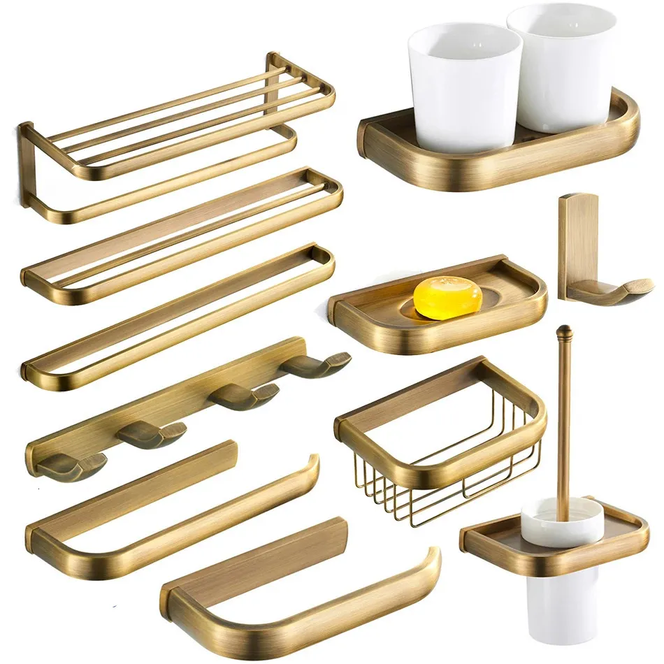 Bronz Banyo Aksesuarları Donanım Set Antika Banyo Havlusu Raf WC Fırça Tutucu Kağıt Rulo Sepet Havlu Halka Ceket Kancaları 240123