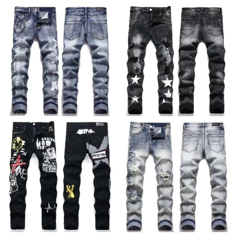jeans Jeans High Street Purple Jeans for men Embroidery pants Women Oversize Ripped Patch Hole Denim Straight Fashion slim