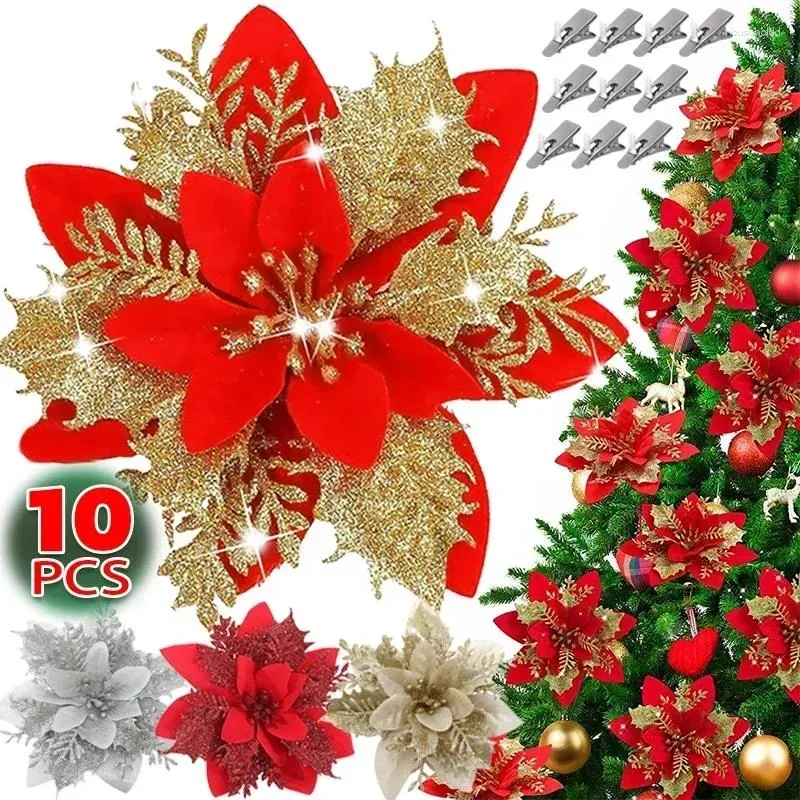 Dekorativa blommor 5/10st Glittering Christmas Artificial Floral Fake Flower Xmas Tree Pendant Ornament Year Party Decor