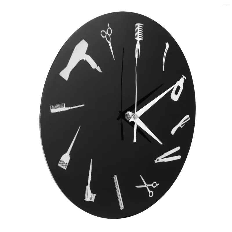 Horloges murales Salon de coiffure Outils d'horloge Barbier Coiffeur pour la maison Ornement Cadeau (Noir)