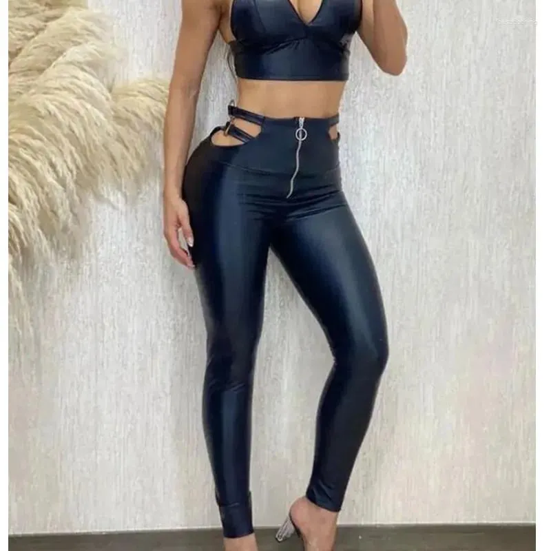 Pantalon femme couleur unie fermeture éclair ajouré taille haute en cuir PU crayon mince Leggings de mode