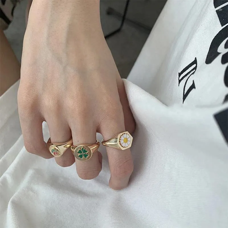 Cluster Rings Vintage Drip Glaze Enamel Daisy Tulip Flower Women Cute Lucky Clover Metal Adjustable Ring Personality Party Jewelry Gifts