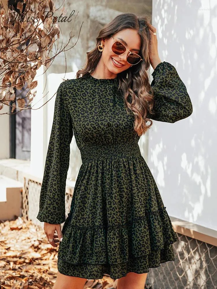 Casual Dresses Dark Green Leopard Tiered Flounce Mini Dress For Women Sexy Mock Neck Long Sleeve Party 2024 Spring Autumn Female