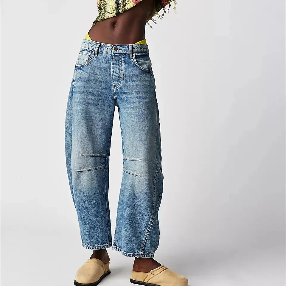 Женские винтажные джинсы со средней талией, широкие свободные джинсовые укороченные брюки-бойфренды с прямой посадкой, Y2k Barrel 240127
