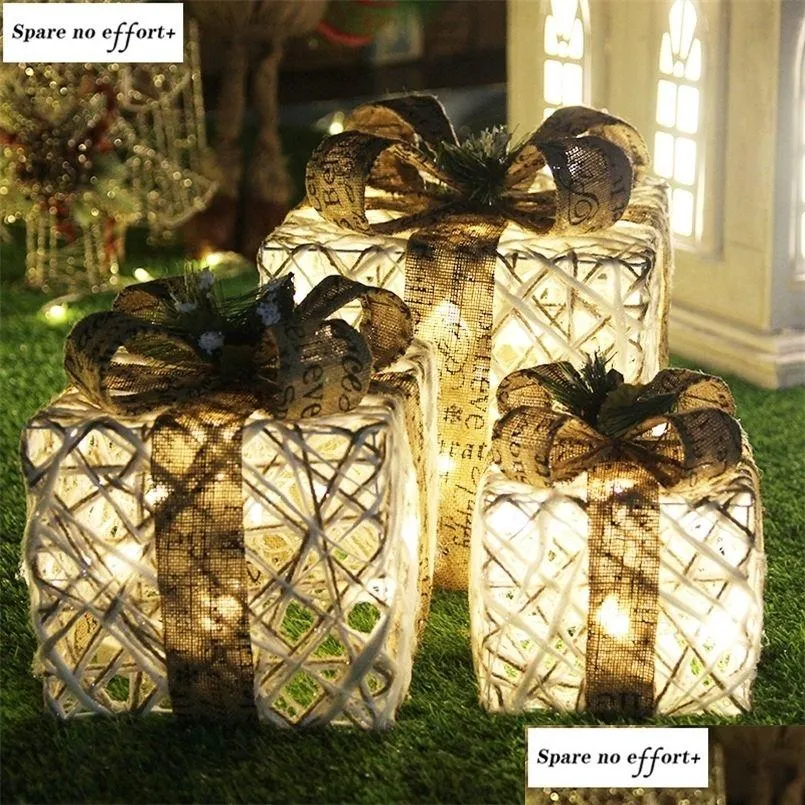 Christmas Decorations Christmas Decoration Three-Piece Gift Box Tree Ornaments Luminous Iron Art Home Outdoor Decorations Mall 220316 Dh30G