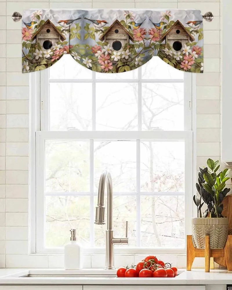 Curtain Spring Vintage Birdhouse Flowers Birds Short Window Adjustable Tie Up Valance For Living Room Kitchen Drapes