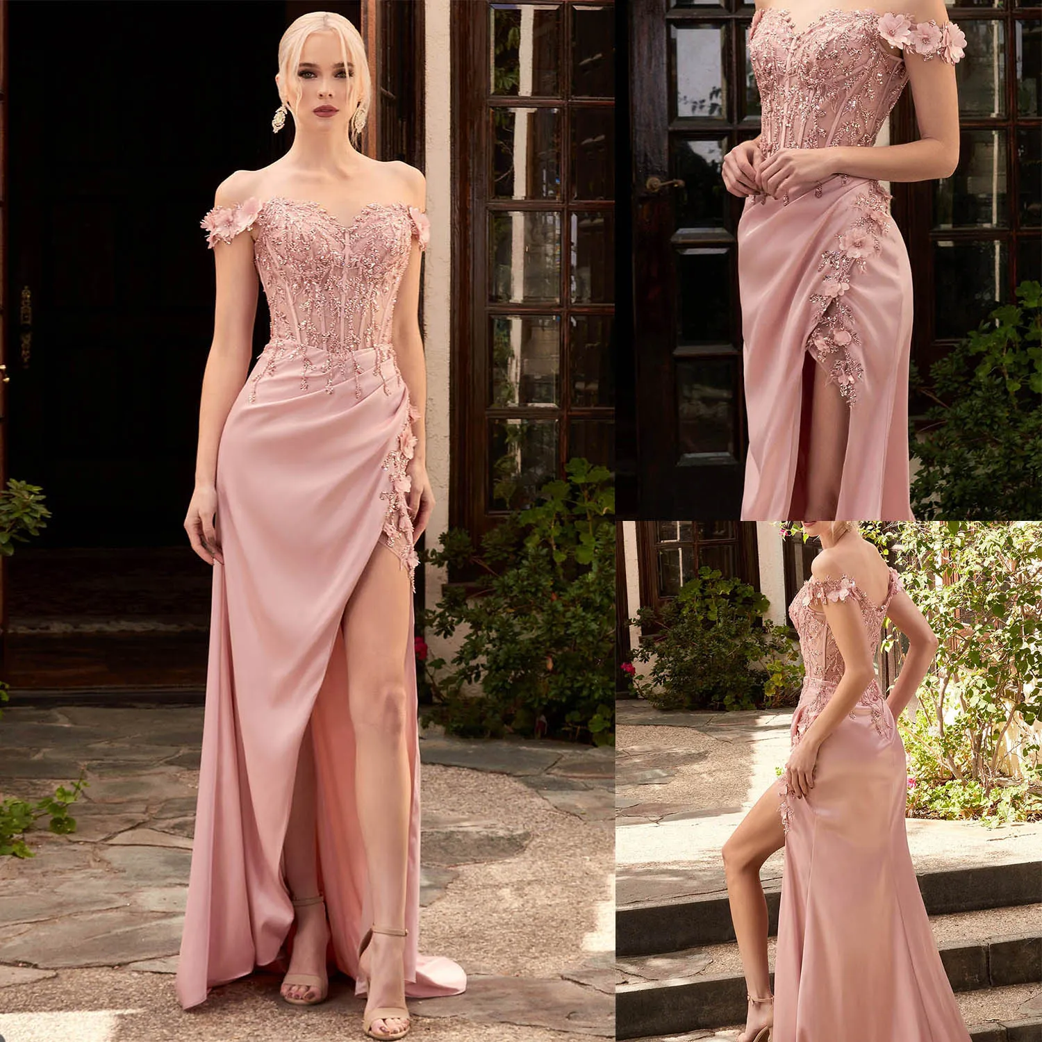 Robe de soirée de forme sirène rose, Sexy, épaules dénudées, fleurs 3D faites à la main, robes de soirée de bal, fendues sur le côté