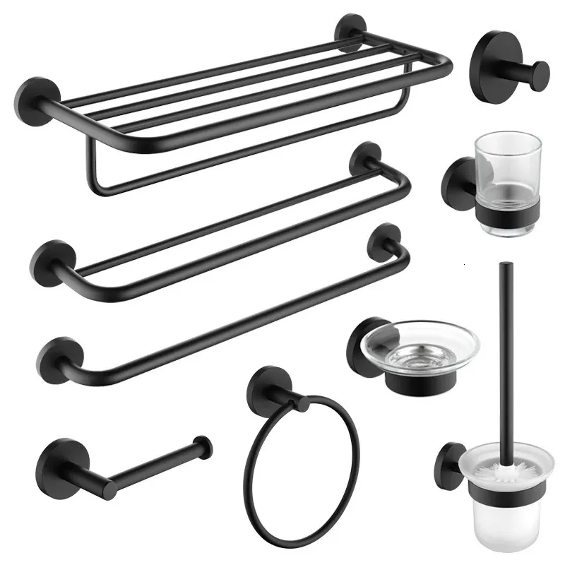 Zwart RVS Badkamer Hardware Handdoekrail Rack Papierrolhouder Toiletborstelhouder Zeepbakje Badkameraccessoires 240123