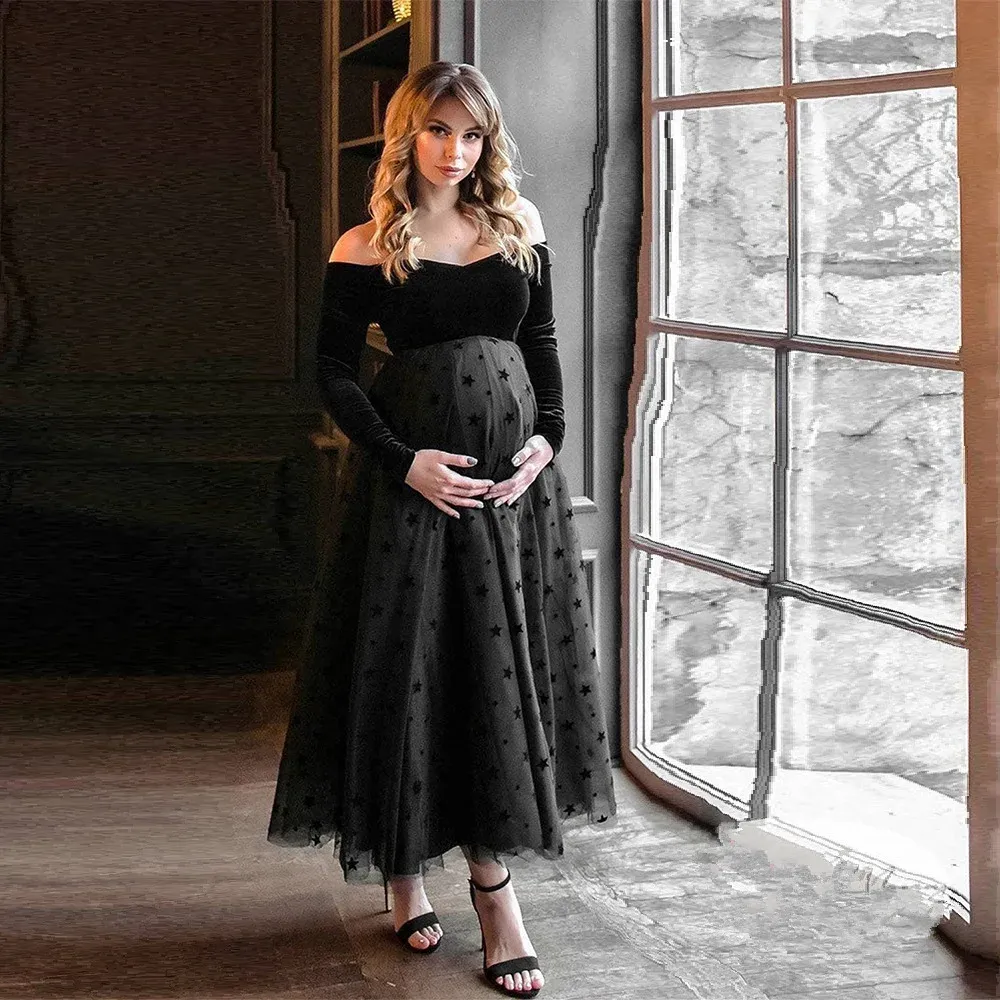 Dresses Black Sexy Maternity Evening Dresses For Baby Showers Party Tulle Pregnant Women Pregnancy Photoshoot Maxi Gown Photography Prop