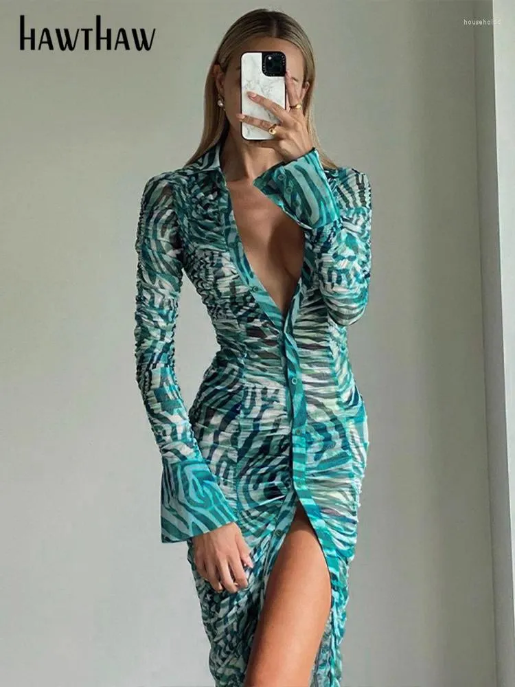 Sukienki swobodne Hawthaw Women Eleganckie długie rękawowe nadrukowane bodycon streetwear zielona sukienka midi 2024 Autumn Ubrania hurtowe dla przedmiotów