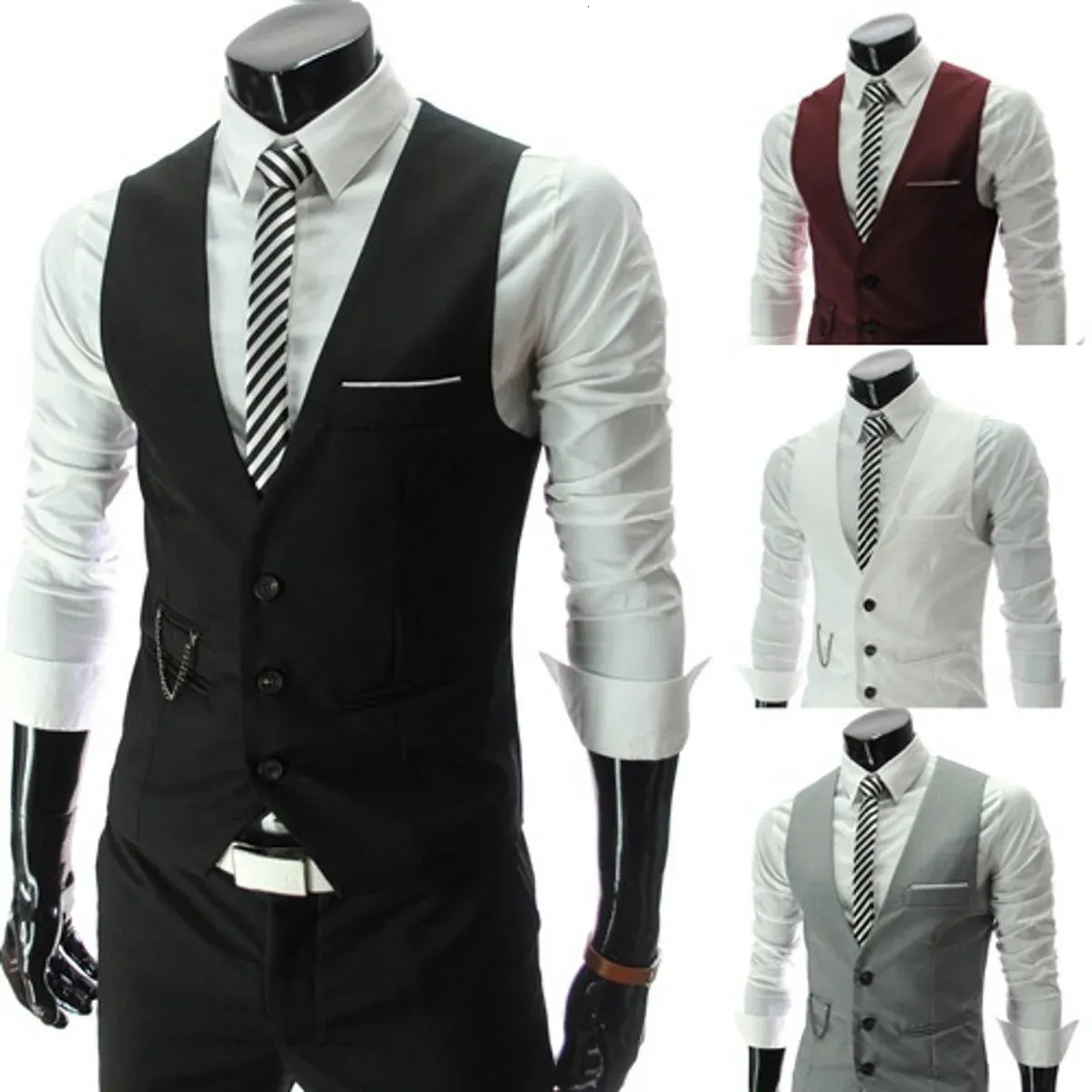 Terno masculino fino vneck colete blazer britânico negócios moda masculino cavalheiro colete dentro preto 240125