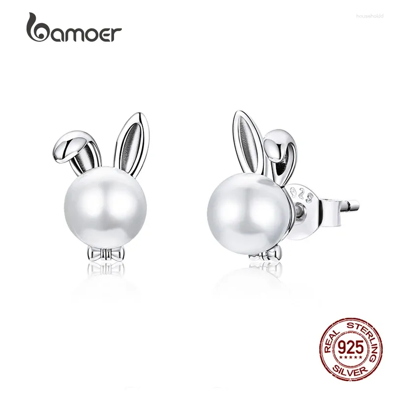 Stud -oorbellen Bamoer 925 Sterling zilver schattig voor vrouwen bruiloft verloving Ear Shell Pearl Hypoallergenic Brincos BSE463