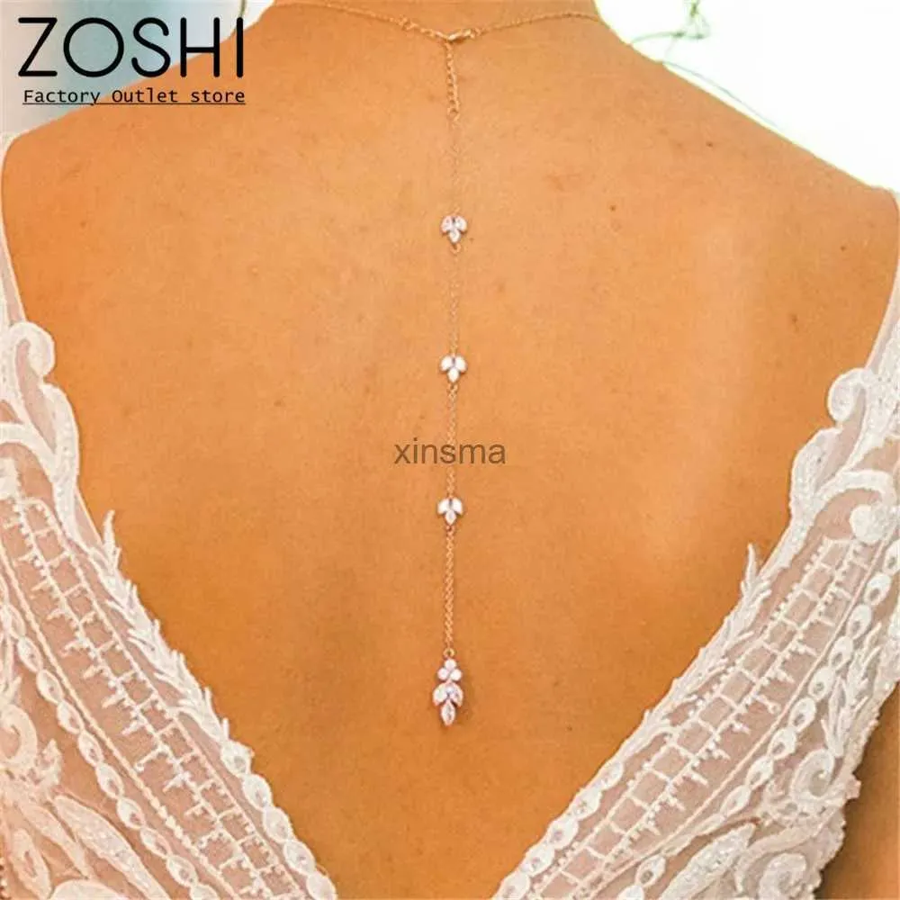 Altri set di gioielli Colore oro brillante zircone cristallo fiore collana a catena posteriore da sposa lunga foglia d'acero goccia donna estate gioielli catena per il corpo YQ240204