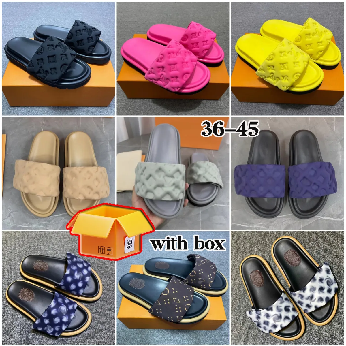 With Box Designer Pool Pillow Slides sandals couples slippers luis men women sandals summer flat shoes viutonly beach slippes Slide shoes luxury Free Shipping