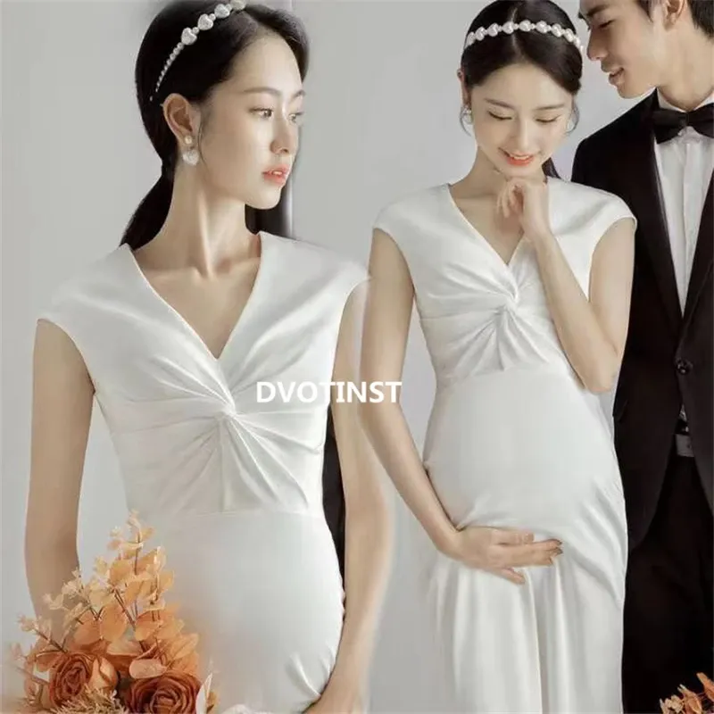 Dresses Dvotinst Women Photography Props Maternity Dresses White Elegant Vneck Pregnancy Dress for Studio Shooting Korean Photo Props