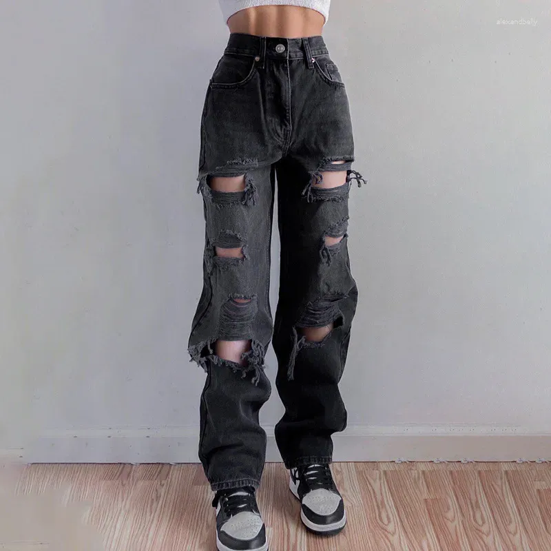 Jeans pour femmes trou déchiré femmes en détresse noir décontracté hip hop taille haute pantalon capris poche droite dames bf denim pantalon