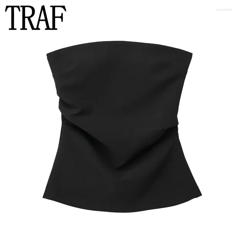 Dames Tanks TRAF Zwart Crop Top Dames Off-shoulder buis Geplooid Mouwloos Korset Vrouw Feestavond Sexy Tops Ruglooze Zomer