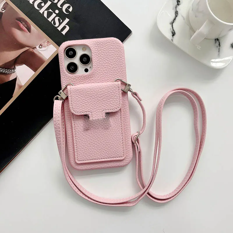 iPhone 15 Pro Max Designer Crossbody Phone Case for Apple 14 13 12 Mini 11 XS XR 8 7 Plus Luxury Pebbled PU Leather Card Holder Pocket Wallet Back Cove Coque Fundas Pink