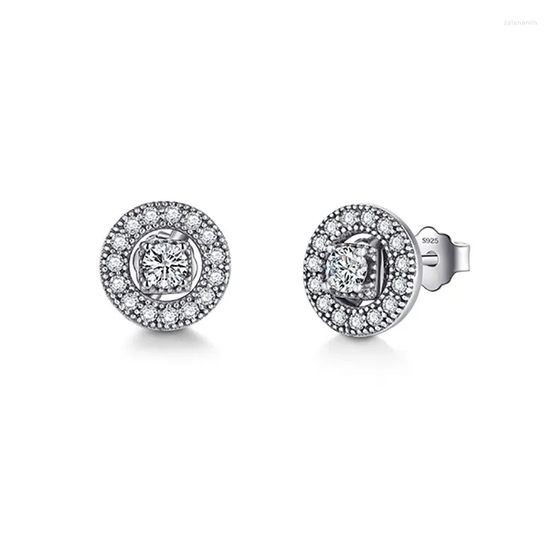 Stud Earrings PANQDIY Authentic S925 Solid Silver Retro Elegant Round Zircon Two Pieces For Women Ear Jewelry Gift