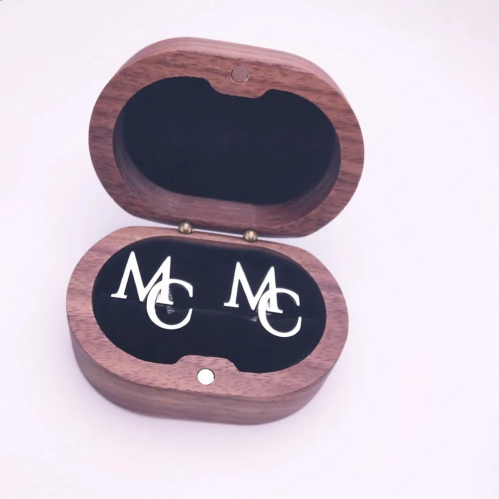 Abotoaduras personalizadas para noivo masculino, iniciais de aço inoxidável, abotoaduras, caixa de presente de carvalho, casamento, noivado, joias, presente 240123