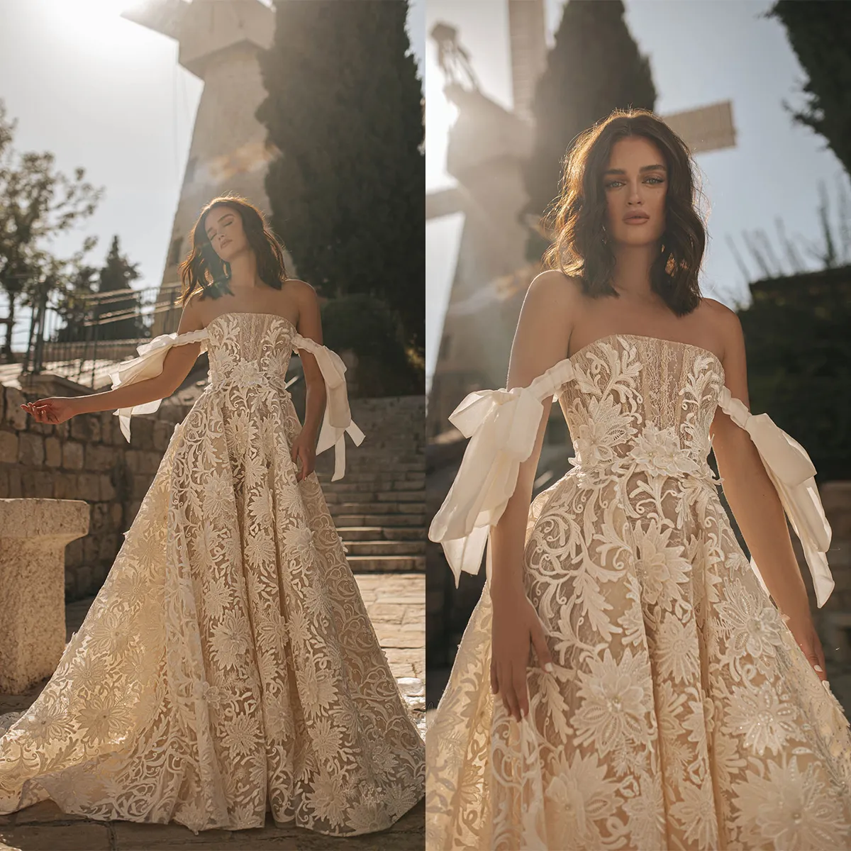 Robe de mariée trapèze élégante pour femmes, épaules dénudées, sans manches, avec nœud en ruban et dentelle, avec traîne de balayage, sur mesure