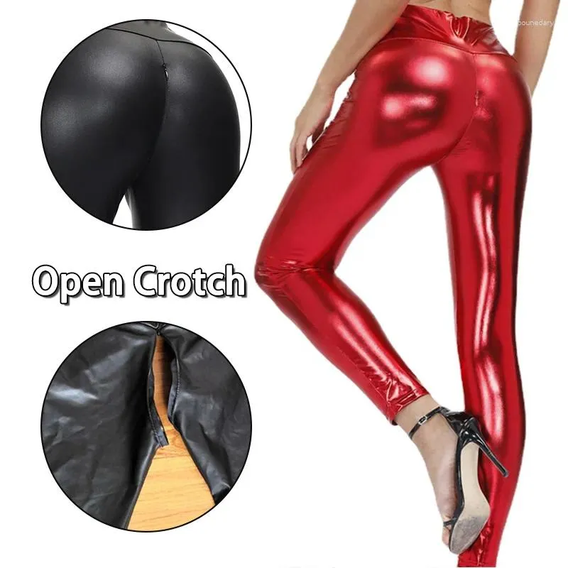 Damesleggings Vrouw Sexy Open Kruis Leer Elastisch Mager Flash PU Slipje Verborgen Rits Broek Voor Paar Outdoor Sex Kostuum