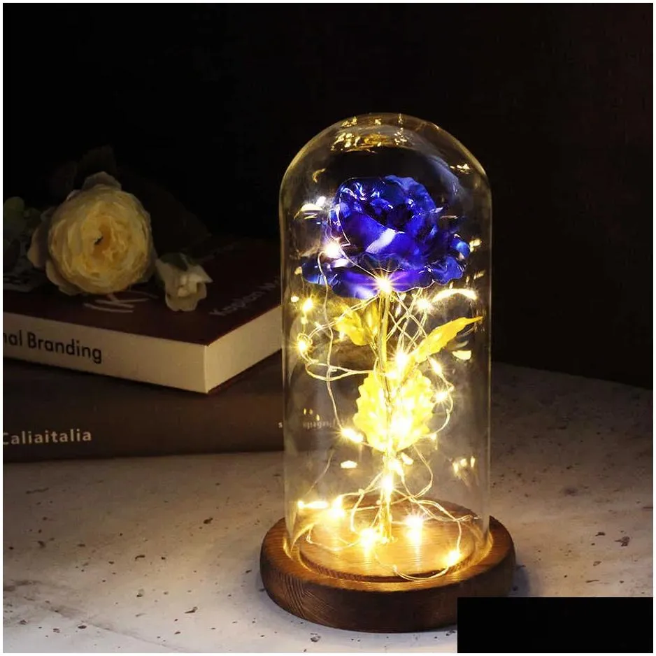 Couronnes de fleurs décoratives Valentine cadeau beauté rose éternelle LED lumière et bête dans un dôme de verre anniversaire pour la Saint Valentin Drop Del Dhhkc