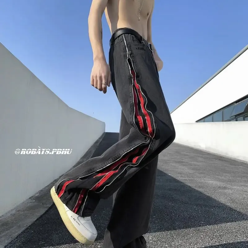 American Fashion Brand Black And Red Double Zipper Design Washing old Jeans Mop Pants Y2K Street Hip Hop Overalls Pants 240118