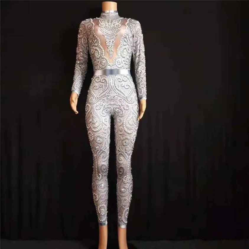 E25 Frauen Pole Dance trägt Body Perlen Diamanten Overall enge Outfits Disco QERFORMANCE Kostüme Sänger Show Kleid kleiden catw214i