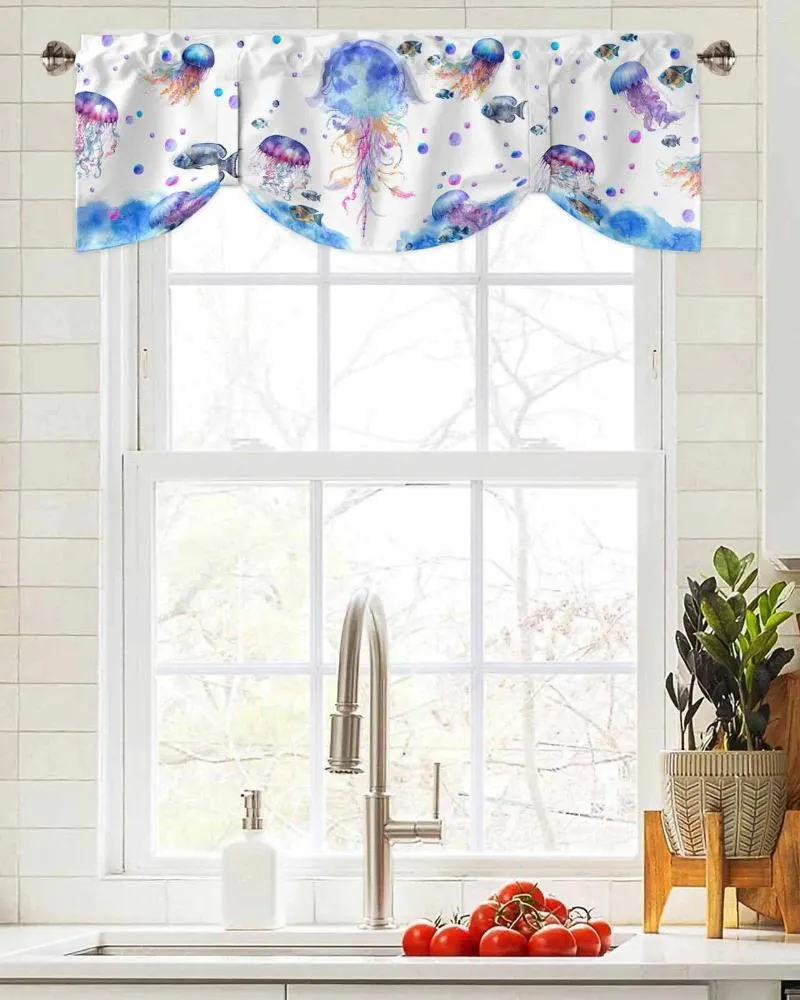 Cortina verão vida marinha água-viva aquarela janela curta ajustável amarrar valance para sala de estar cozinha cortinas