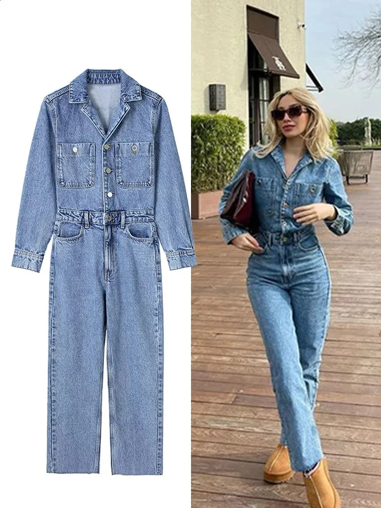 Mode y2k denim jumpsuit kvinnor vår vintage långärmad lappfickor blå rak jumpsuit lapel krage ol kläder 240202