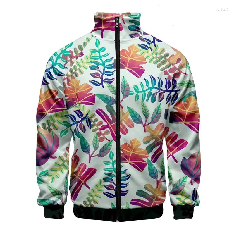 Herrenjacken, Blatt-Hawaii-Muster, 3D-Digitaldruck, Stehkragen, Reißverschluss, Jacke, Herren/Damen, Langarm, Streetwear, Mode, männliche Kleidung