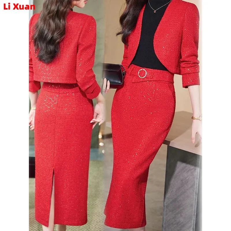 Womens Blazer and Skirts Suit Female Winter High End Shiny Thick Fabric Office Clothes Ladies Jacket Long 2 Pcs 240202