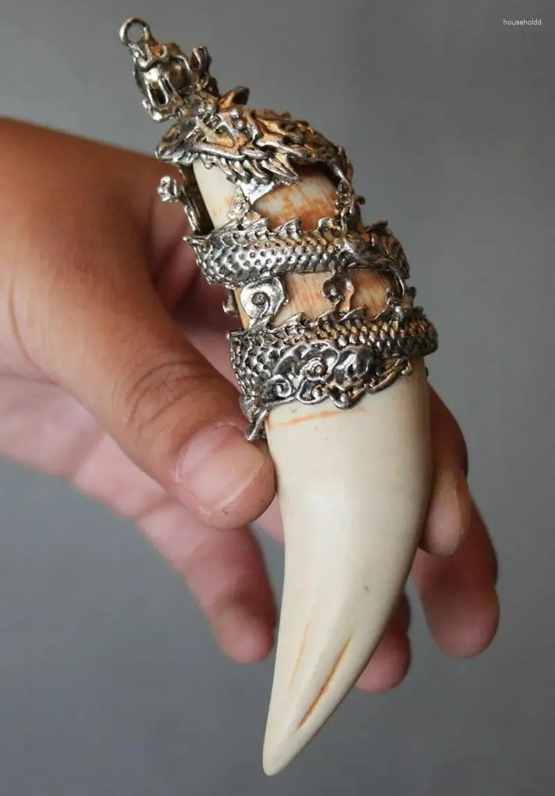 Pingentes chineses antigos javalis dente selvagem porco prata dragão protetor talismã pingente