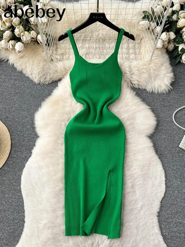 Sukienki swobodne 2024 zielony v szyja letni dzianina seksowna sukienka dla kobiet czołg elatic talia bodycon sundress żeński plaż