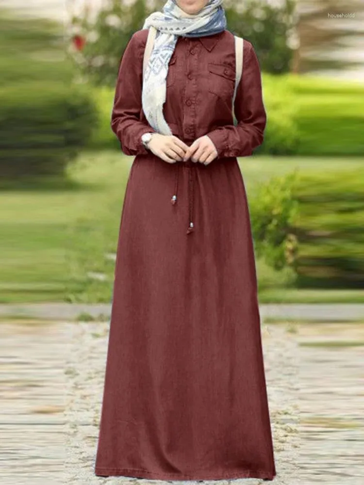 Etnik Giyim Moda Müslüman Elbise Kadınlar Bahar Yakası Boyun Uzun Kollu Katı Gömlek Vestido Zanzea Vintage Drawstring Bel Ramazan