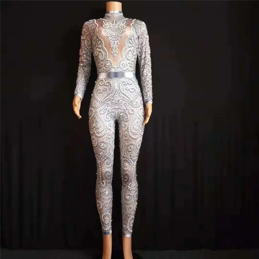 E25 Women Pole Dance Weres Bodysuit Pearl Diamonds Jumpsuit Stights Disco Qerformance Comples Singer Show Dress Catw3066