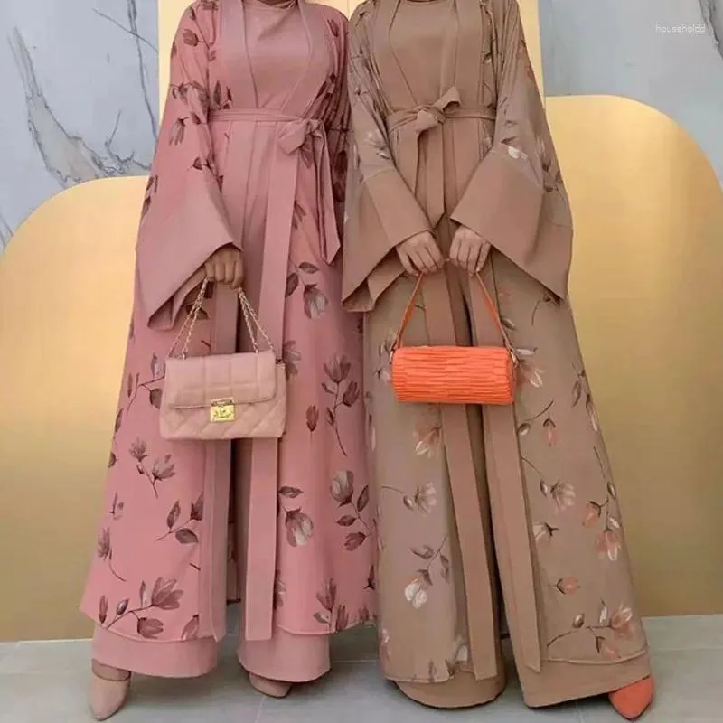 Abbigliamento etnico Musulmano Aperto Abaya Tuta abbinata Set da 2 pezzi Eid Abaya per le donne Dubai Turchia Ramadan Islam Vestito Abito Hijab da festa