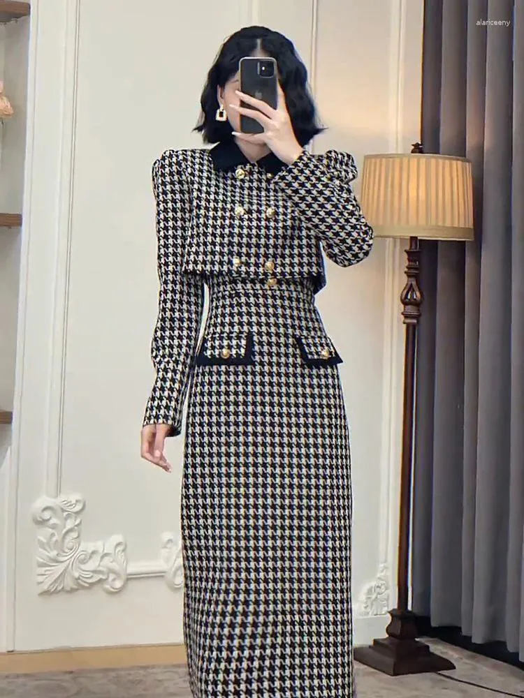 Work Dresses 2024 Summer Spring 2 Piece Elegant Skirt Suit Short Jakcet Long Plaid Two Outfits