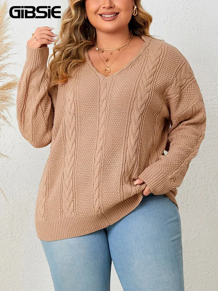 Gibsie plus size casual v nack kabel stickade tröjor kvinnor fast färg droppe lång ärm lös pullover jumper höst vinter 240123