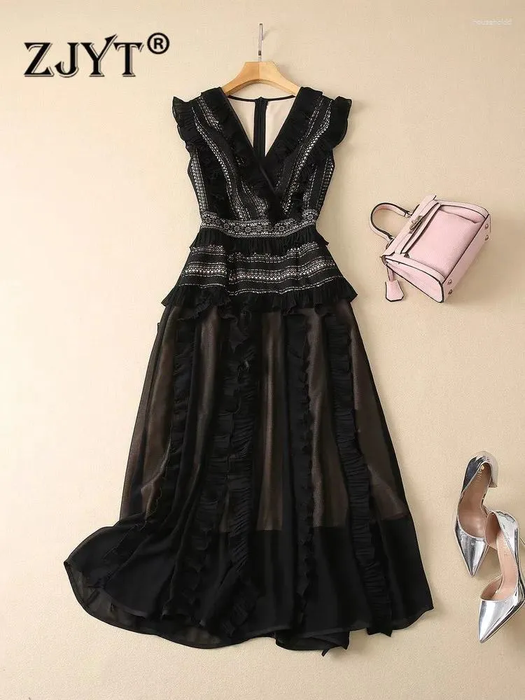 Casual Dresses Zjyt Runway Designer Ruffles Patchwork Hollow Lace Party Dress Women Elegant Luxury 2024 Spring Summer Vestido Midi Holiday