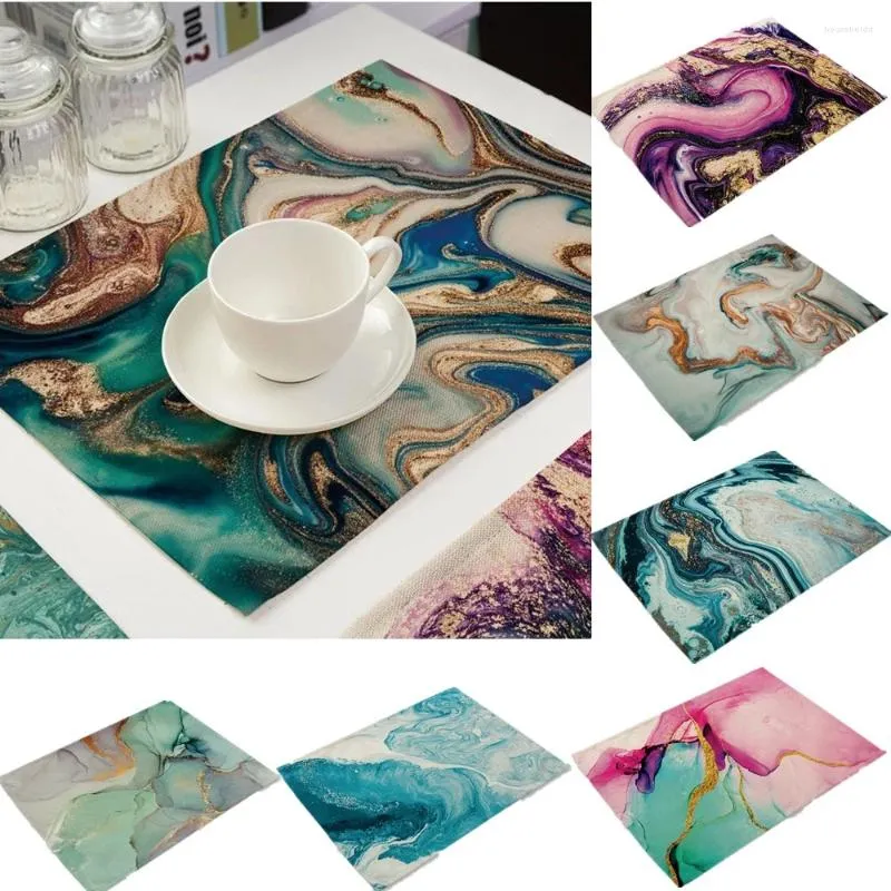 Bord Mattor 1pc Green Golden Marble Wave Printing Linen Placemat för matsal Drink Coaster Home Decor Mat Nordic Kitchen Cup Pad