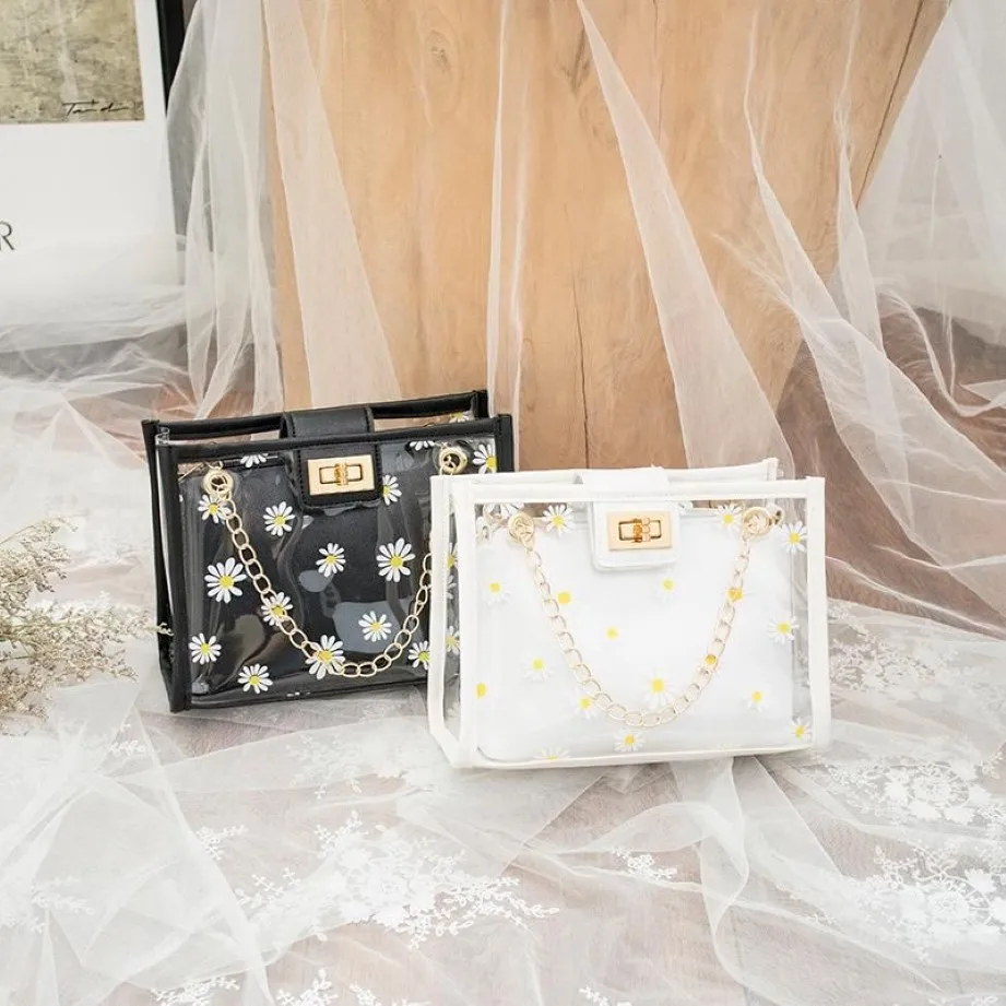 Evening Bags Handbags Fashionable Purses Transparent Daisy Pattern Shoulder Bag Chain Strap Color Block Sachels Composite Tote256z