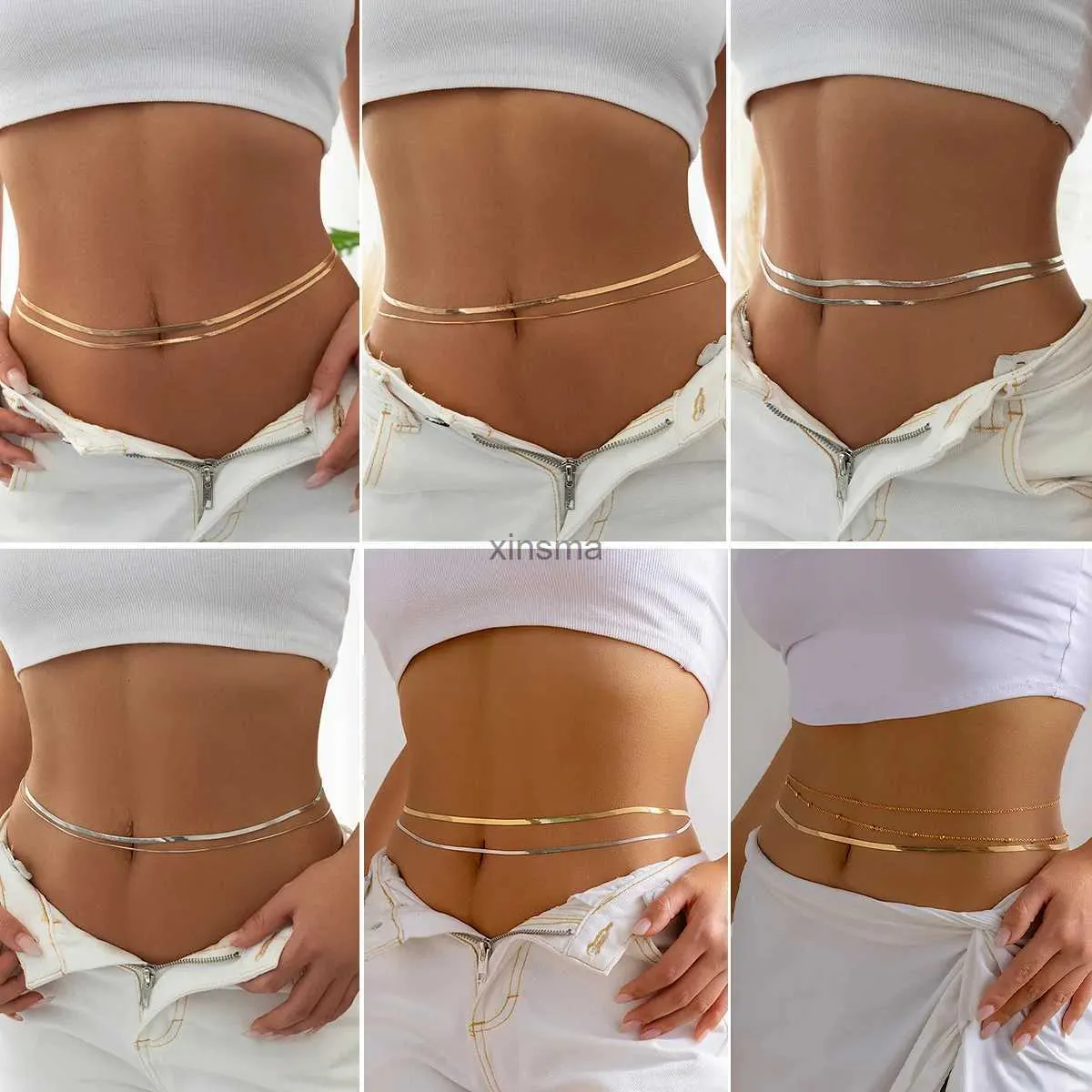 Other Jewelry Sets 2023 New Summer Minimalist Double-layer Metal Flat Snake Chain Belly Waist Chain Womens Fashion Skini Beach Summer Body Jewelry YQ240204