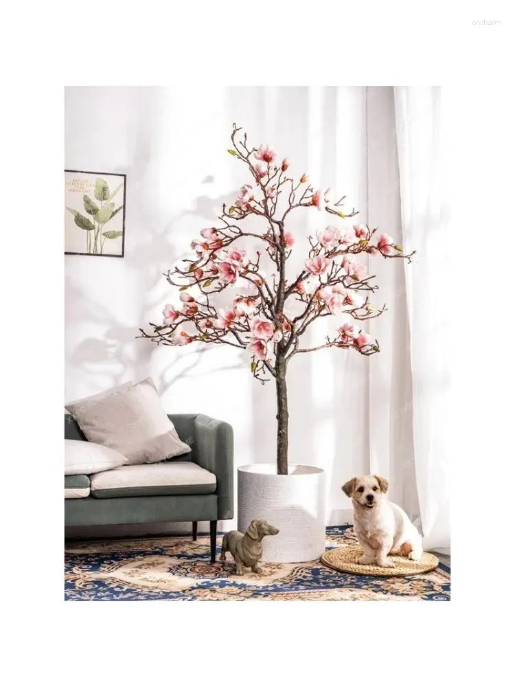 Flores decorativas simulação magnólia árvore falso flor piso bonsai decoração interior sala de estar árvores ornamento mobiliário